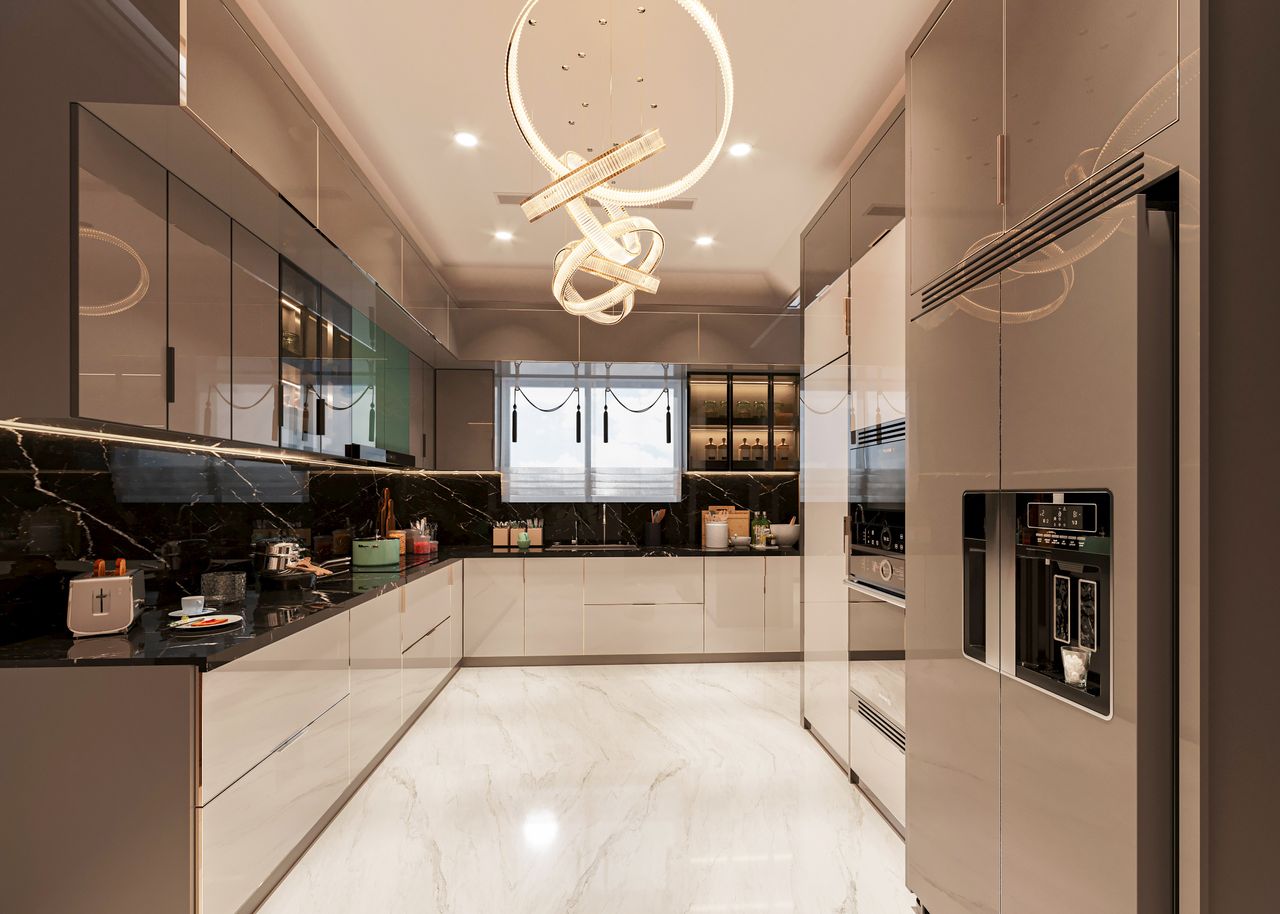 role-02 Elegant and modern kitchen featuring sleek cabinetry, marble floors, and stylish lighting.